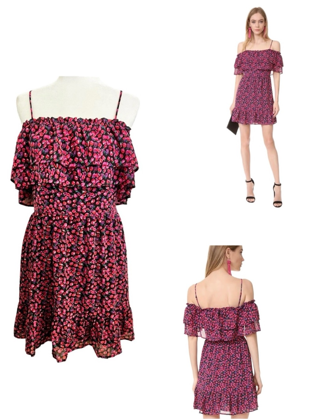 WAYF Daria Off Shoulder Ruffle Dress Berry Ditzy Large